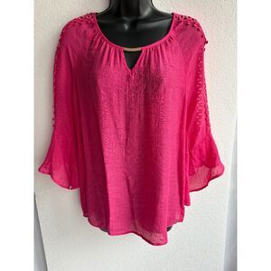 Fyve Magenta Pink Flowy Blouse Size S Bell Sleeve Lace Crochet Insert Barbie